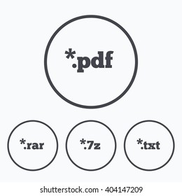 Document icons. File extensions symbols. PDF, RAR, 7z and TXT signs. Icons in circles.