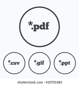Document icons. File extensions symbols. PDF, GIF, CSV and PPT presentation signs. Icons in circles.