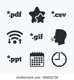 Document icons. File extensions symbols. PDF, GIF, CSV and PPT presentation signs. Wifi internet, favorite stars, calendar and clock. Talking head. Vector