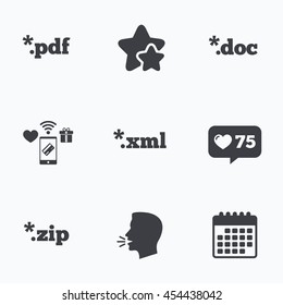 Document icons. File extensions symbols. PDF, ZIP zipped, XML and DOC signs. Flat talking head, calendar icons. Stars, like counter icons. Vector