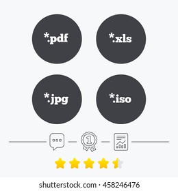 Document icons. File extensions symbols. PDF, XLS, JPG and ISO virtual drive signs. Chat, award medal and report linear icons. Star vote ranking. Vector