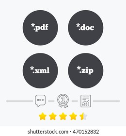 Document icons. File extensions symbols. PDF, ZIP zipped, XML and DOC signs. Chat, award medal and report linear icons. Star vote ranking. Vector