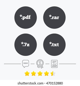 Document icons. File extensions symbols. PDF, RAR, 7z and TXT signs. Chat, award medal and report linear icons. Star vote ranking. Vector
