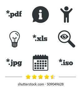 Document icons. File extensions symbols. PDF, XLS, JPG and ISO virtual drive signs. Information, light bulb and calendar icons. Investigate magnifier. Vector