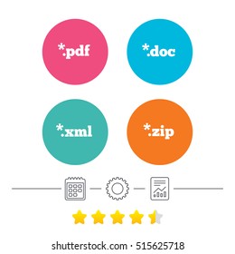 Document icons. File extensions symbols. PDF, ZIP zipped, XML and DOC signs. Calendar, cogwheel and report linear. Star vote ranking. Vector