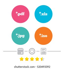 Document icons. File extensions symbols. PDF, XLS, JPG and ISO virtual drive signs. Calendar, cogwheel and report linear icons. Star vote ranking. Vector