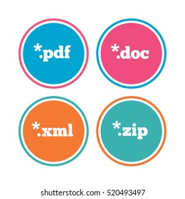 Document icons. File extensions symbols. PDF, ZIP zipped, XML and DOC signs. Colored circle buttons. Vector