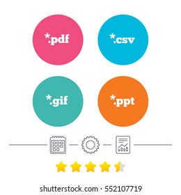 Document icons. File extensions symbols. PDF, GIF, CSV and PPT presentation signs. Calendar, cogwheel and report linear icons. Star vote ranking. Vector