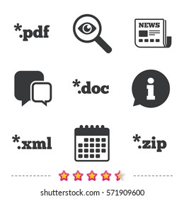 Document icons. File extensions symbols. PDF, ZIP zipped, XML and DOC signs. Newspaper, information and calendar icons. Investigate magnifier, chat symbol. Vector
