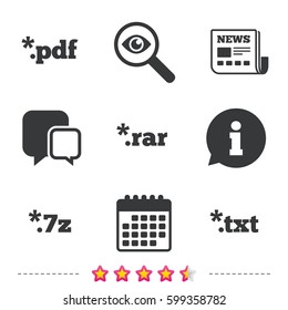 Document icons. File extensions symbols. PDF, RAR, 7z and TXT signs. Newspaper, information and calendar icons. Investigate magnifier, chat symbol. Vector