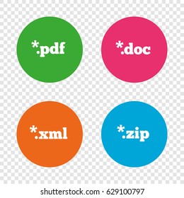 Document icons. File extensions symbols. PDF, ZIP zipped, XML and DOC signs. Round buttons on transparent background. Vector