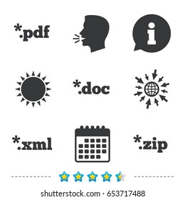 Document icons. File extensions symbols. PDF, ZIP zipped, XML and DOC signs. Information, go to web and calendar icons. Sun and loud speak symbol. Vector