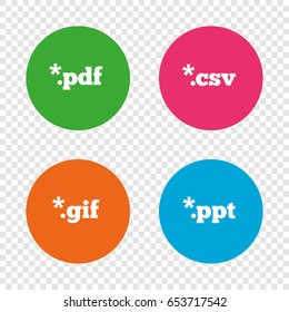 Document icons. File extensions symbols. PDF, GIF, CSV and PPT presentation signs. Round buttons on transparent background. Vector