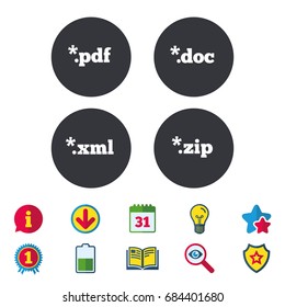 Document icons. File extensions symbols. PDF, ZIP zipped, XML and DOC signs. Calendar, Information and Download signs. Stars, Award and Book icons. Light bulb, Shield and Search. Vector