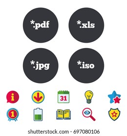 Document icons. File extensions symbols. PDF, XLS, JPG and ISO virtual drive signs. Calendar, Information and Download signs. Stars, Award and Book icons. Light bulb, Shield and Search. Vector