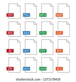 Document icons. File formats. Flat design. Vector icons set isolated on white background