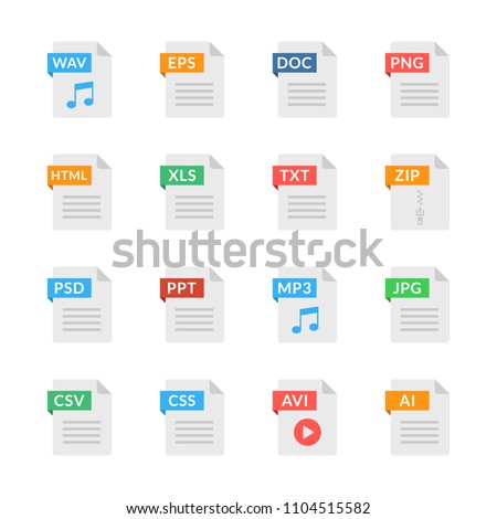 Document icons. File formats. Flat design. Vector icons set isolated on white background