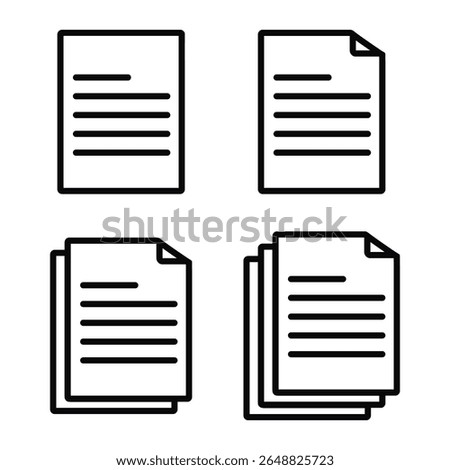 Document icons. Line paper symbol with single and multiple page. Transparent background. For Mobile and Web. Contains such icons as Document, File, Communication, Resume file, Note.Vector illustration