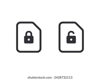 Iconos de documento. Icono de candado. Desbloquear archivo. Documento secreto. Icono de candado. Protección de documentos. Información oculta. Protección de datos. Bloqueo de archivo. Protección de perfiles. Documento personal. Perfil cerrado. 
