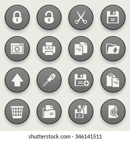 Document icons on black buttons. Flat design.