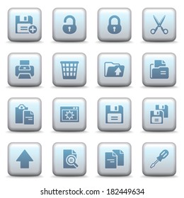Document icons on blue buttons.