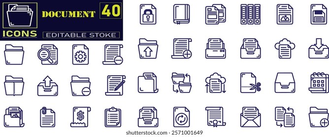 Document icons Pixel perfect. Document icon set. Vector illustration in thin line modern style of paper documentation icons: text documents, lists, folders, contracts, and more. Isolated on white