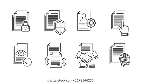 Document icons representing security verification data management and agreement concepts in a sketchy style vector