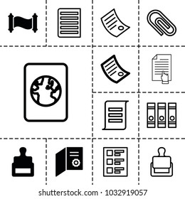 Document icons. set of 13 editable filled and outline document icons such as stamp, diploma, manuscript, binder, clip, checklist