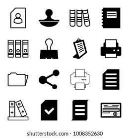 Document icons. set of 16 editable filled and outline document icons such as clipboard, printer, notepad, document, share, file, stamp, paper clamp, binder, resume