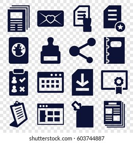 Document icons set. set of 16 document filled icons such as stamp, clipboard, love letter, share, notebook, file, diploma, passport, newspaper, browser window