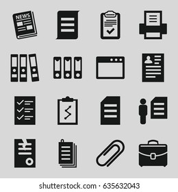 Document icons set. set of 16 document filled icons such as resume, paper, clipboard, case, clip, binder, news, printer, checklist, browser window