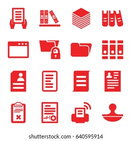 Document icons set. set of 16 document filled icons such as resume, binder, clipboard, stamp, paper, printer, folder, browser window