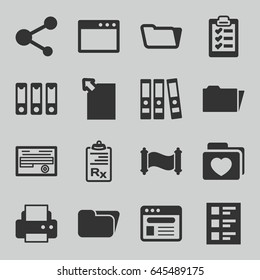 Document icons set. set of 16 document filled icons such as printer, folder, folder with heart, share, browser, clipboard, checklist, binder, manuscript