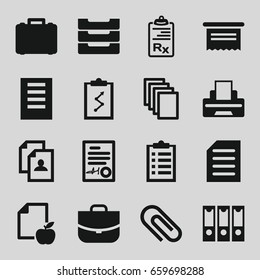 Document icons set. set of 16 document filled icons such as case, resume, paper, paper and apple, clipboard, printer, table box, binder, clip, checklist