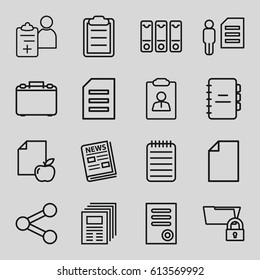 Document icons set. set of 16 document outline icons such as paper and apple, notebook, doctor prescription, clipboard, binder, news, case, paper, folder protection, share