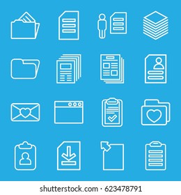 Document icons set. set of 16 document outline icons such as resume, love letter, folder with heart, clipboard, file, paper, check list, folder, browser window