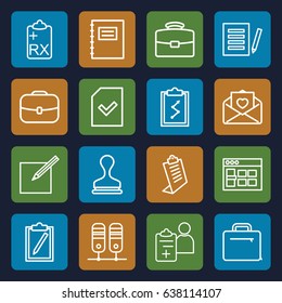 Document icons set. set of 16 document outline icons such as clipboard, stamp, love letter, doctor prescription, case, file, paper and pen, browser window, notepad, document