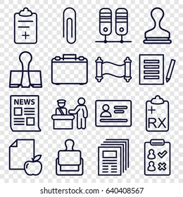 Document icons set. set of 16 document outline icons such as pass control, passport, stamp, paper and apple, medical clipboard, clipboard, paper clamp, case, manuscript
