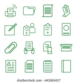 Document icons set. set of 16 document outline icons such as passport, clipboard, notebook, medical clipboard, doctor prescription, clip, paper and pen, printer, resume, paper