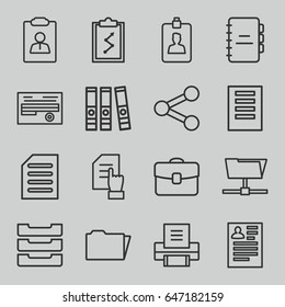 Document icons set. set of 16 document outline icons such as resume, folder, clipboard, table box, printer, case, notebook, share, clipboard with chart