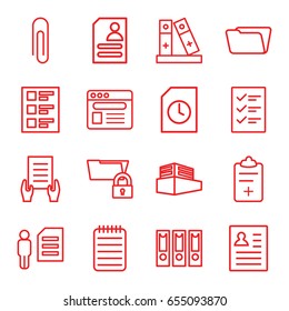Document icons set. set of 16 document outline icons such as holding document, folder, resume, notebook, browser, medical clipboard, binder, checklist, paper clip