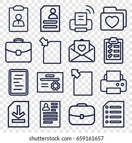 Document icons set. set of 16 document outline icons such as resume, printer, love letter, folder with heart, case, file, paper, clipboard