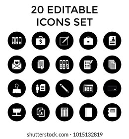 Document icons. set of 20 editable filled document icons such as passport, resume, browser window, notepad, case, binder. best quality document elements in trendy style.