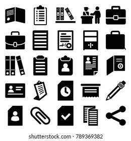 Document icons. set of 25 editable filled document icons such as pass control, passport, clipboard, resume, diploma, check list, case, pen, binder, share, clip, file, cupboard