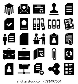 Document icons. set of 25 editable filled document icons such as passport, stamp, paper, paper clip, resume, share, diploma, clipboard, love letter, binder, folder, case