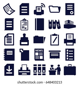 Document icons set. set of 25 document filled icons such as pass control, passport, stamp, document, binder, folder, clipboard, file, case, printer, paper, notepad