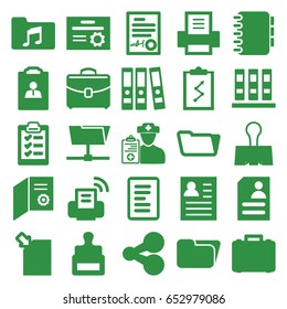 Document icons set. set of 25 document filled icons such as stamp, folder, resume, doctor prescription, music folder, case, paper clamp, clipboard, printer, notebook, binder
