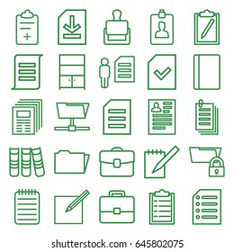 Document icons set. set of 25 document outline icons such as passport, stamp, resume, paper, notebook, medical clipboard, folder, file, clipboard, paper and pen, binder