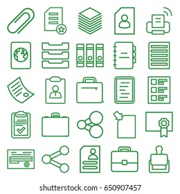 Document icons set. set of 25 document outline icons such as stamp, binder, resume, clipboard, case, clip, checklist, table box, paper, diploma, notebook, passport, printer