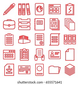 Document icons set. set of 25 document outline icons such as passport, document, paper, pen, folder, file, table box, clipboard, browser window, notepad, case, binder